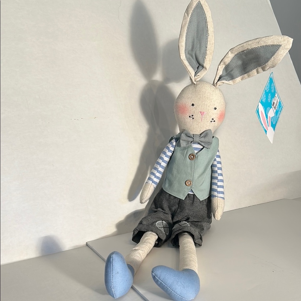 Dapper Blue and Gray Bunny Plush Toy with weighted bottom